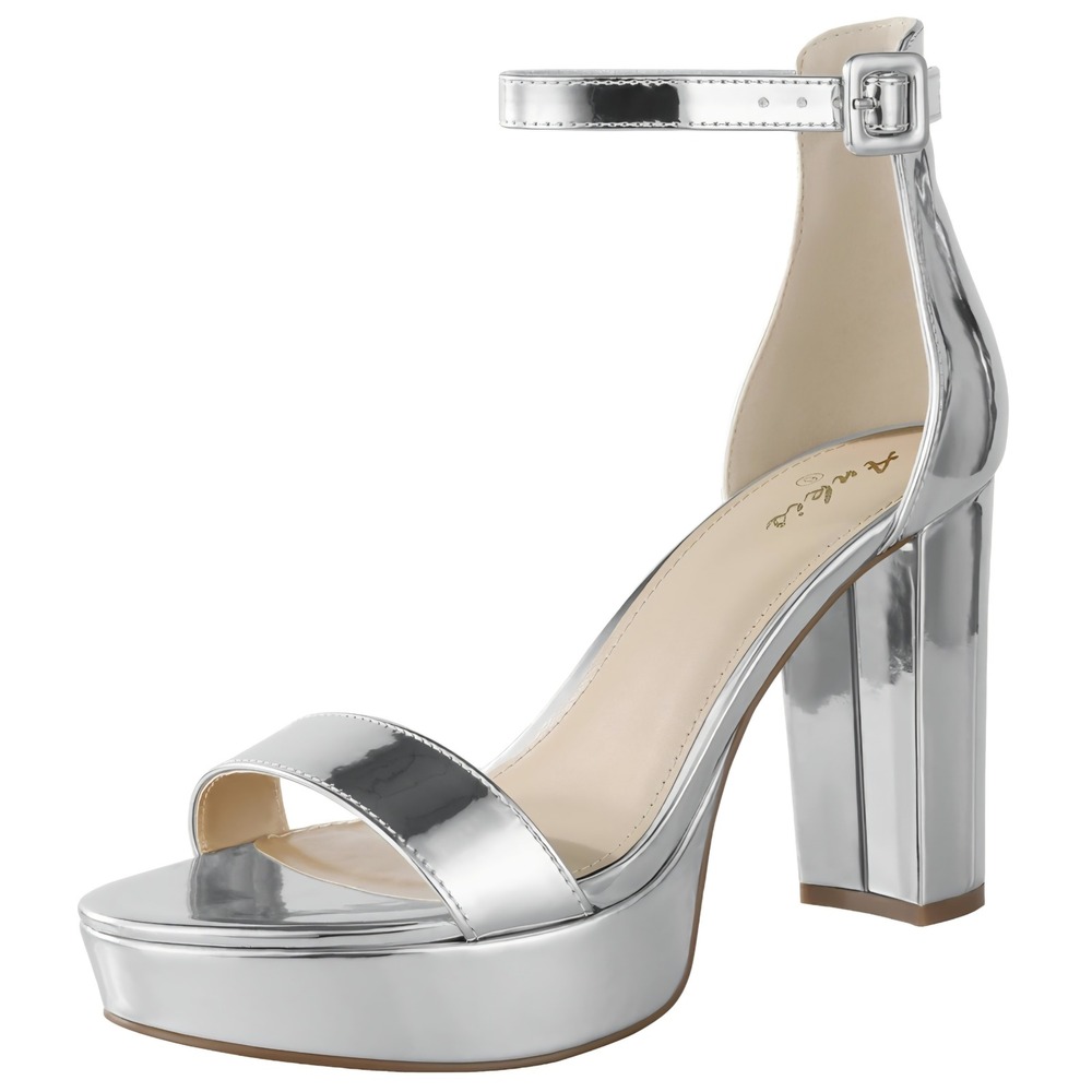 Ankis Silver Metallic Platform Block Heel Sandals Ankle Strap Mirror Finish Sz 6